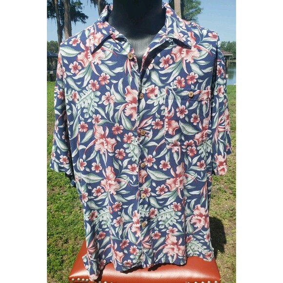 Banana Cabana Other - Banana Cabana 100% SILK Mens XXL 2XL Hawaiian Short Sleeve Button Up Shirt Blue